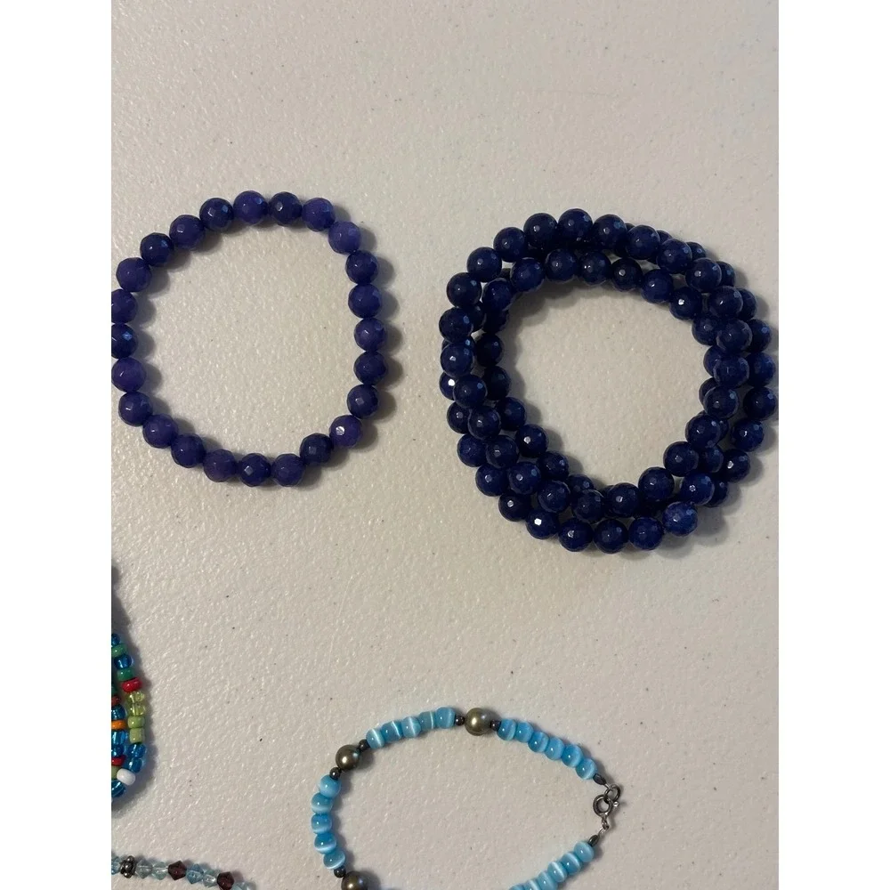 Set of 7 Beaded Stretch Bracelets Blue Multi Color Glass Bead‎ Boho Stacking